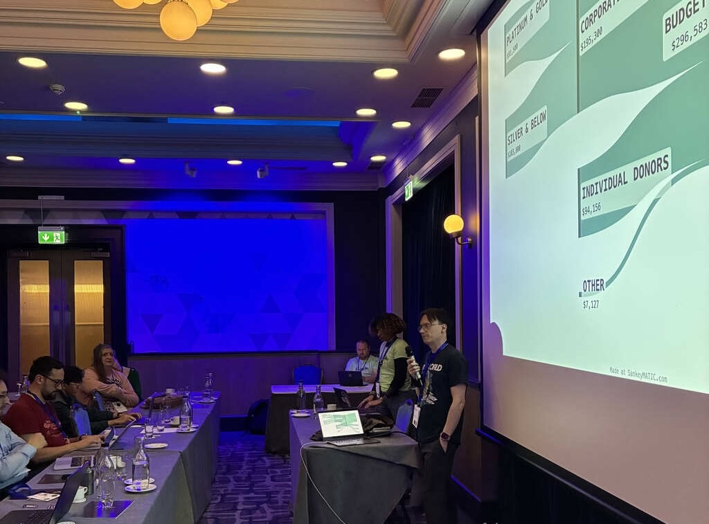 Sideways shot of a presentation at the annual meeting of DSF members, with a sankey diagram of Django finances on the right, the speakers in the middle, and audience on the left