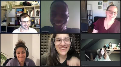 Screenshot of a grid of six people on a video call, all smiling or laughing