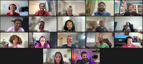 Screenshot of a grid of six people on a video call, all smiling or laughing