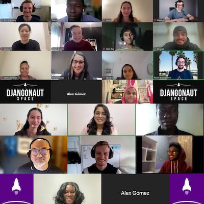 Screenshot of a grid of twenty-two people on a video call, with Djangonaut Space branding