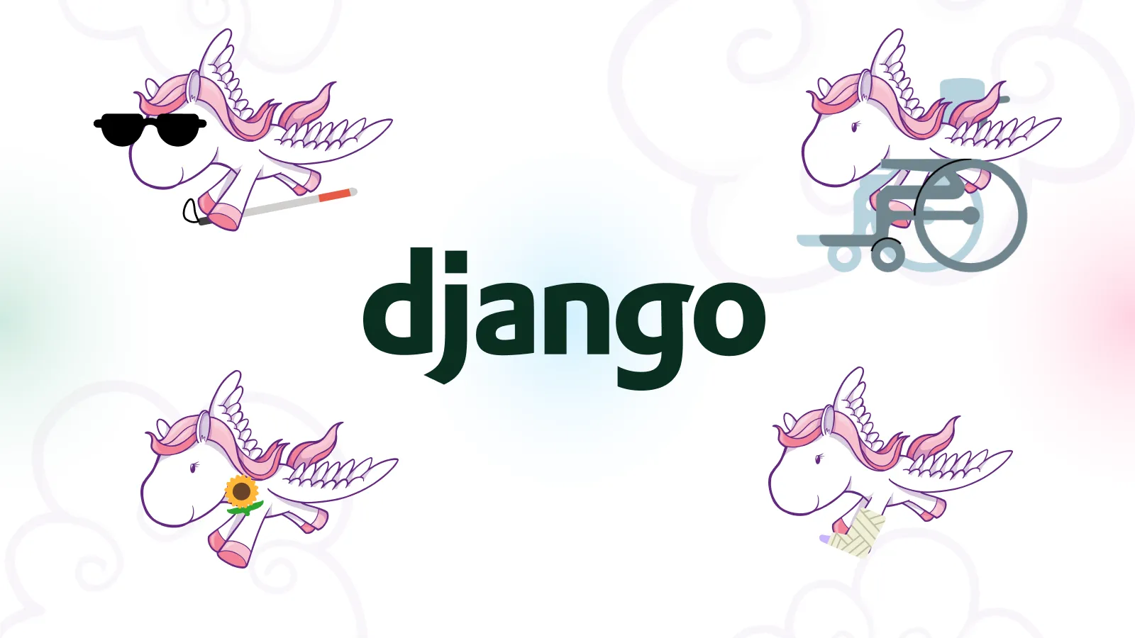 Four Django ponies flying in the clouds around the Django logo. One has a leg in a cast, one has dark glasses and a cane, one is in a wheelchair, and one has a hidden disability sunflower. The ponies are white, with purple highlights and pink mane and hooves. They have wings and are smiling