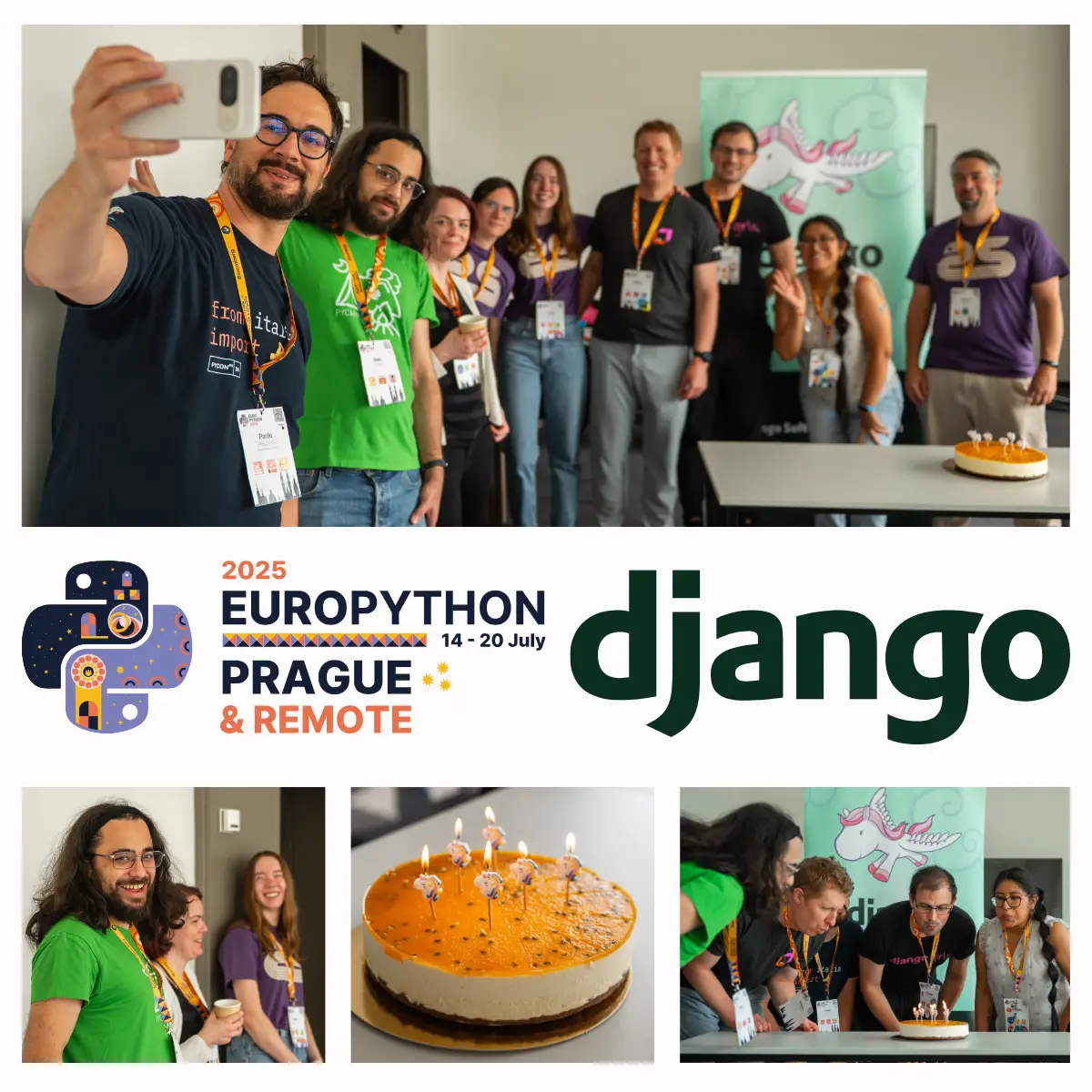Collage of 4 pictures: group photo of birthday celebrations with a cake on a table; close-up of participants; close-up of the cake; people blowing candles. With EuroPython 2025 and Django branding in-between the pics