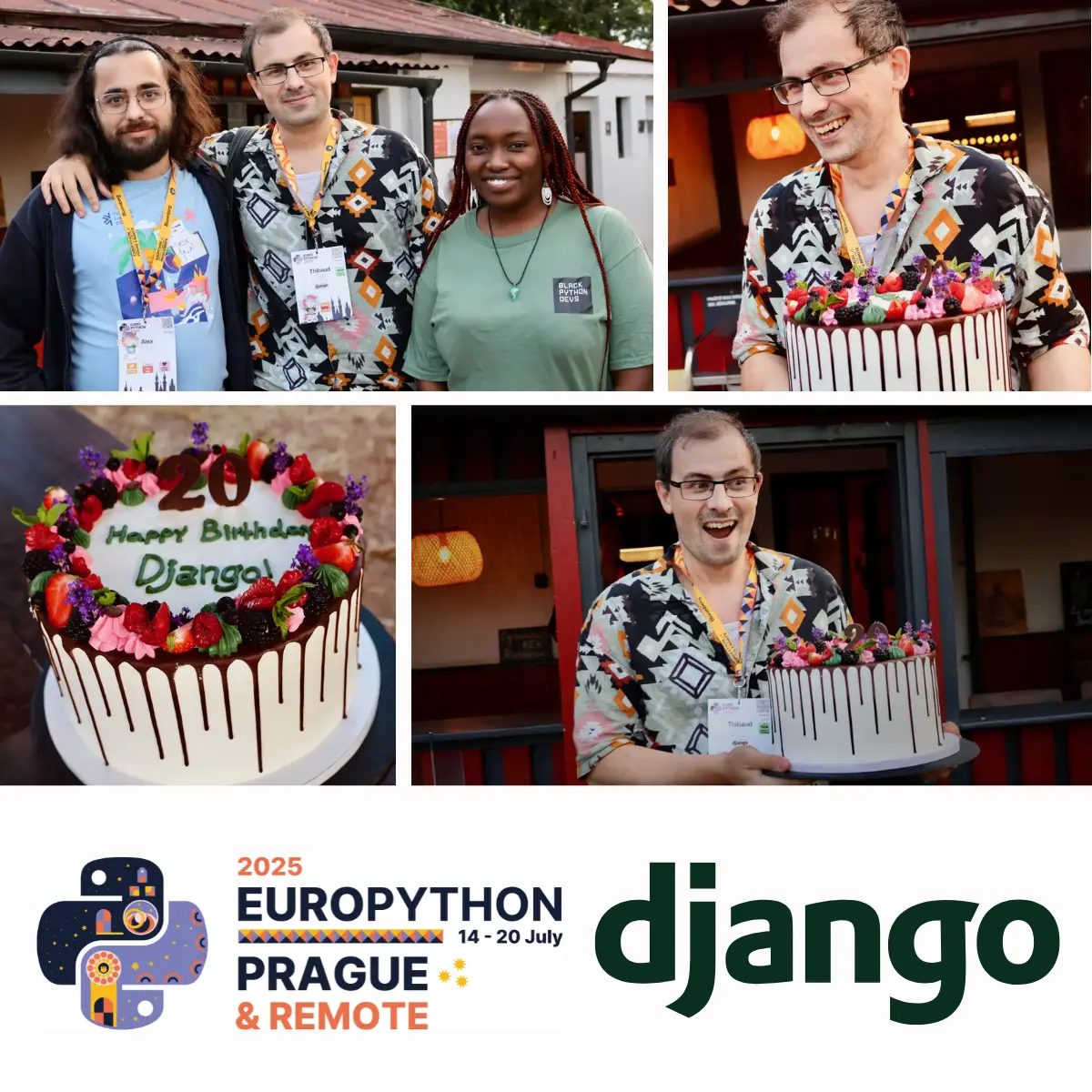 Collage of 4 pictures: three participants smiling; two pictures of someone holding a cake; close-up of the cake that says '20 Happy birthday Django!'. With EuroPython 2025 and Django branding in-between the pics