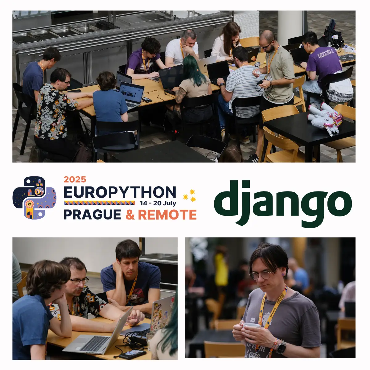Collage of 3 pictures: sprint participants all around a table working together with laptops; 3 people troubleshooting together; Tom looking thoughtful. With EuroPython 2025 and Django branding in-between the pics.
