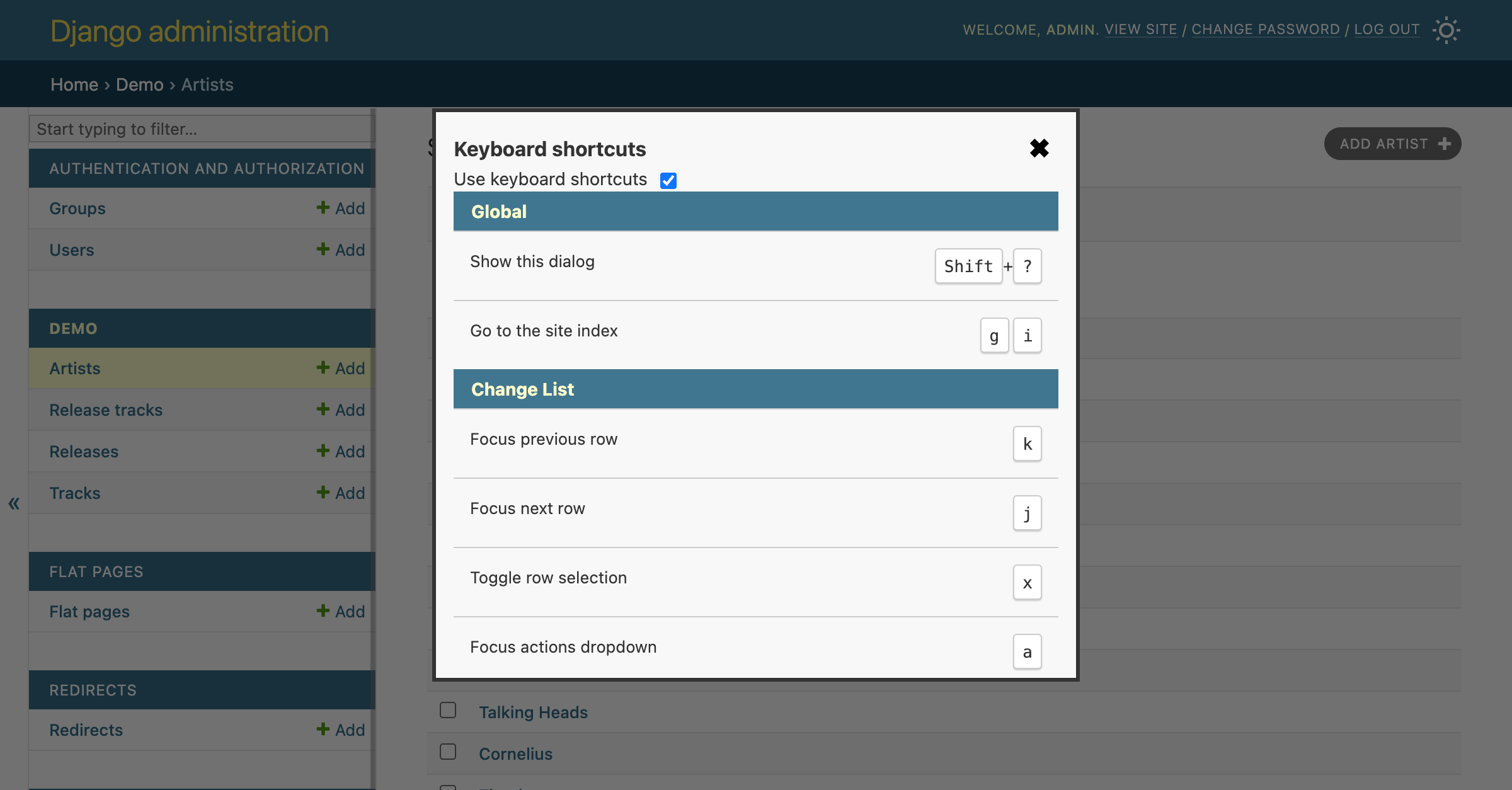 Screenshot of the keyboard shortcuts dialog displayed as a modal over the Django admin interface. It displays 6 shortcuts