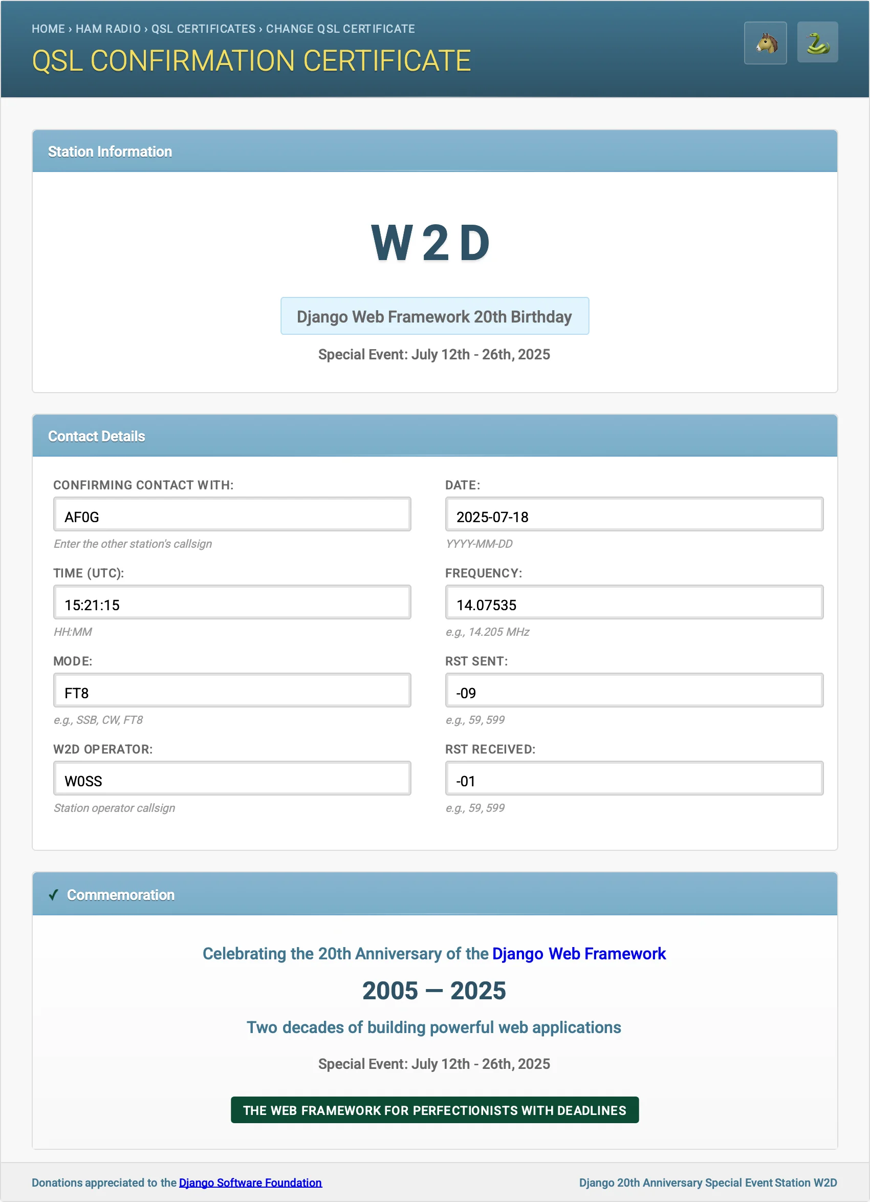 A sample of the commemorative certificate, inspired by Django’s admin. Operators who made contact can generate and download their own personalized version.